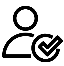 Black icon of a person with a check mark on a white background