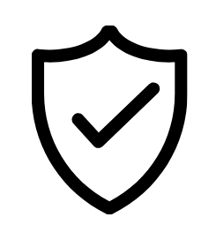 Black icon of a shield with a check mark on a white background